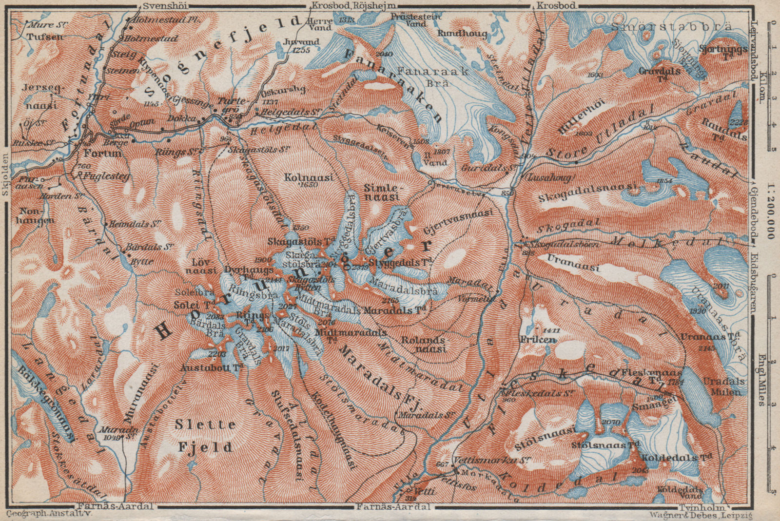 HURRUNGANE MOUNTAINS. Hurrungene Hurrungadn Horungane Topo-map. Norway 1912